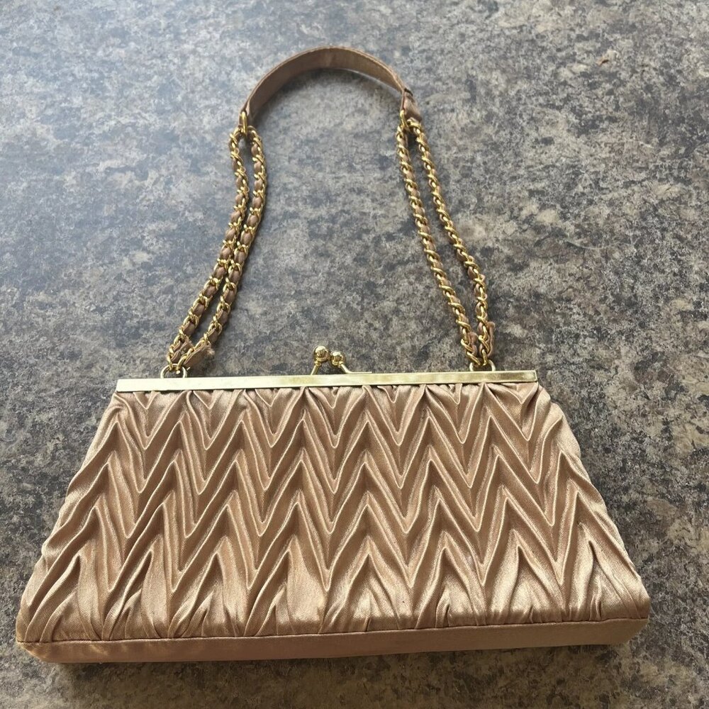 PURSE, GOLD SATIN, EVENING BAG